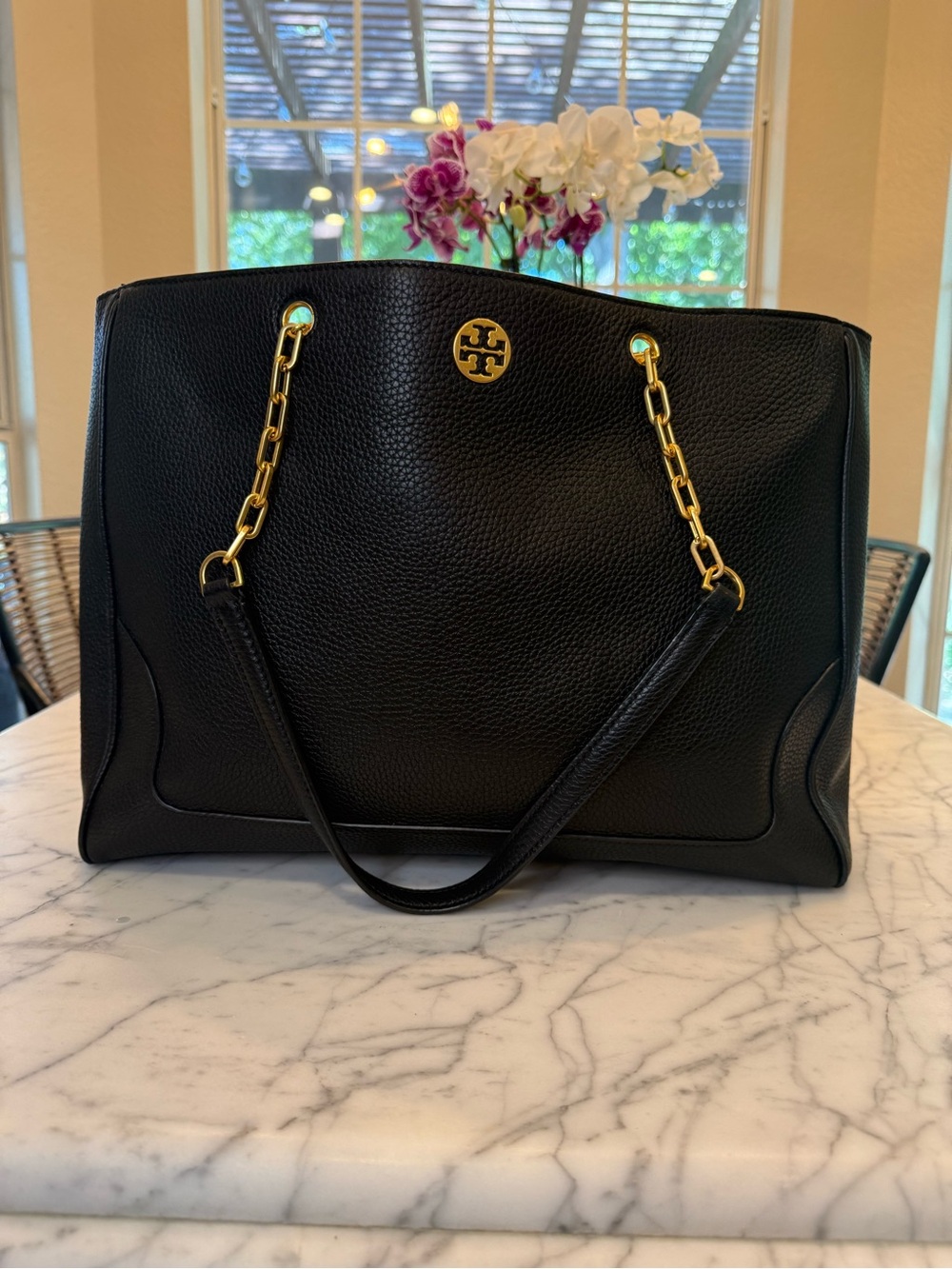 Tory Burch Black Pebbled Leather Tote with Gold Chain Handles
